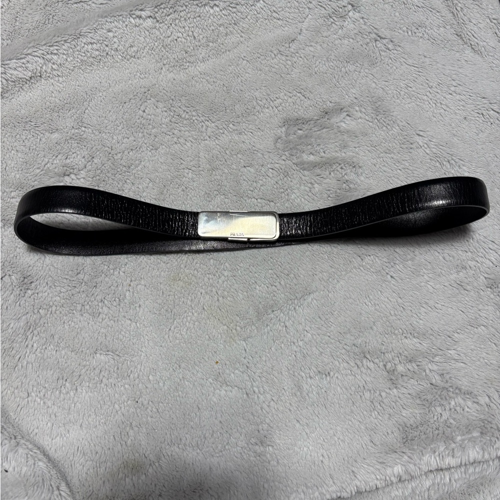 Prada Black Leather Belt with Silver Plate